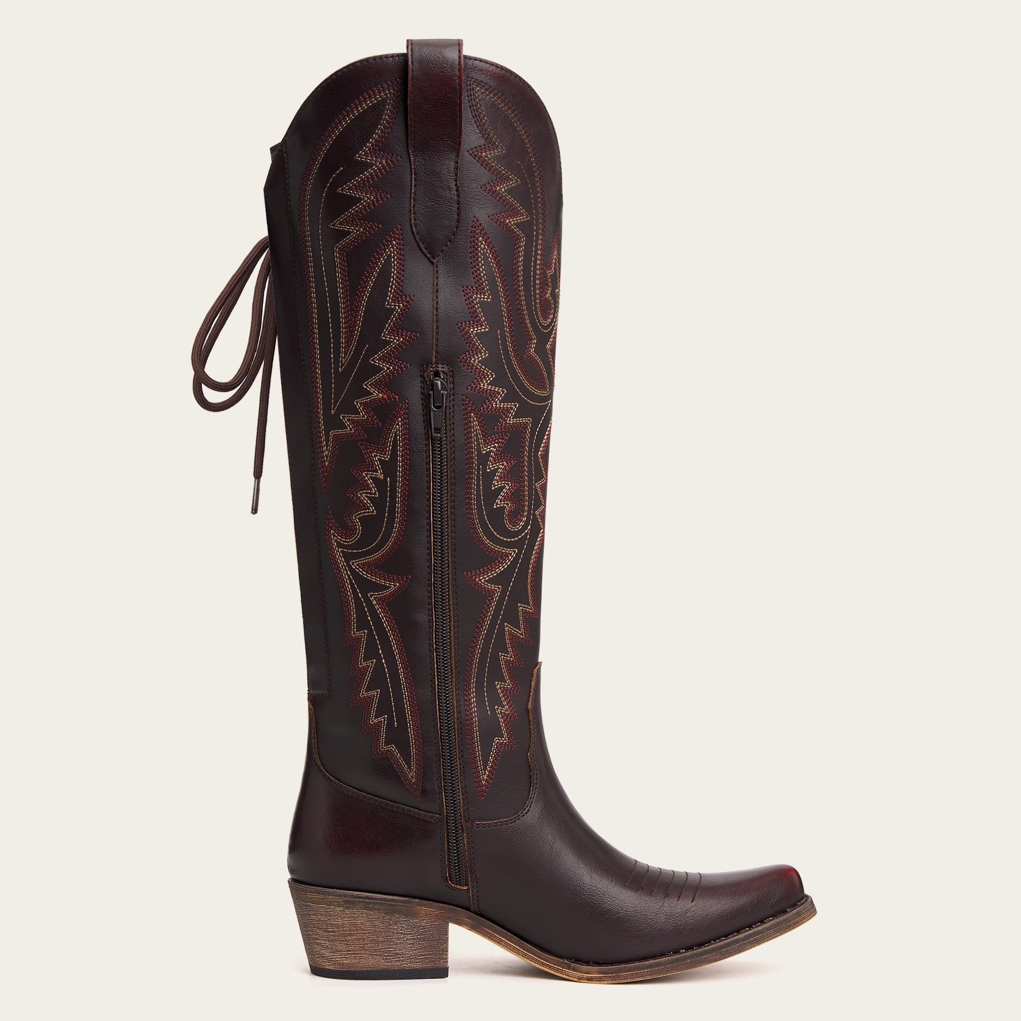 The Withersteen – Mahogany Brown Tall Cowgirl Boots with Bold Embroidery and Lace-Up Back