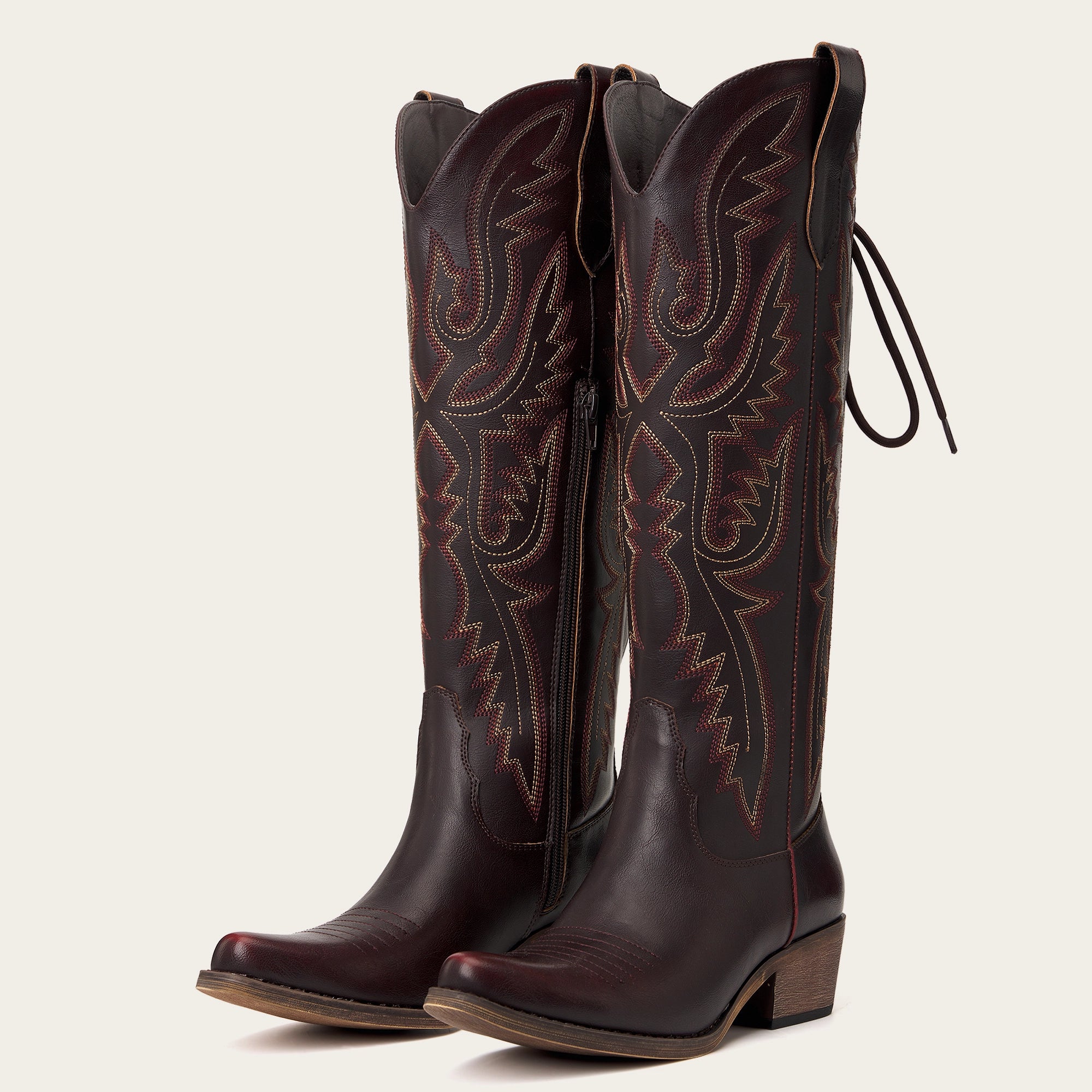 The Withersteen – Mahogany Brown Tall Cowgirl Boots with Bold Embroidery and Lace-Up Back