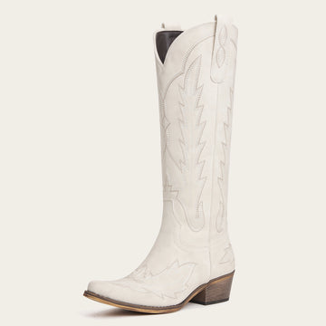 The Rosemary - Cream Embroidered Tall Western Cowgirl Boots with Side Zipper