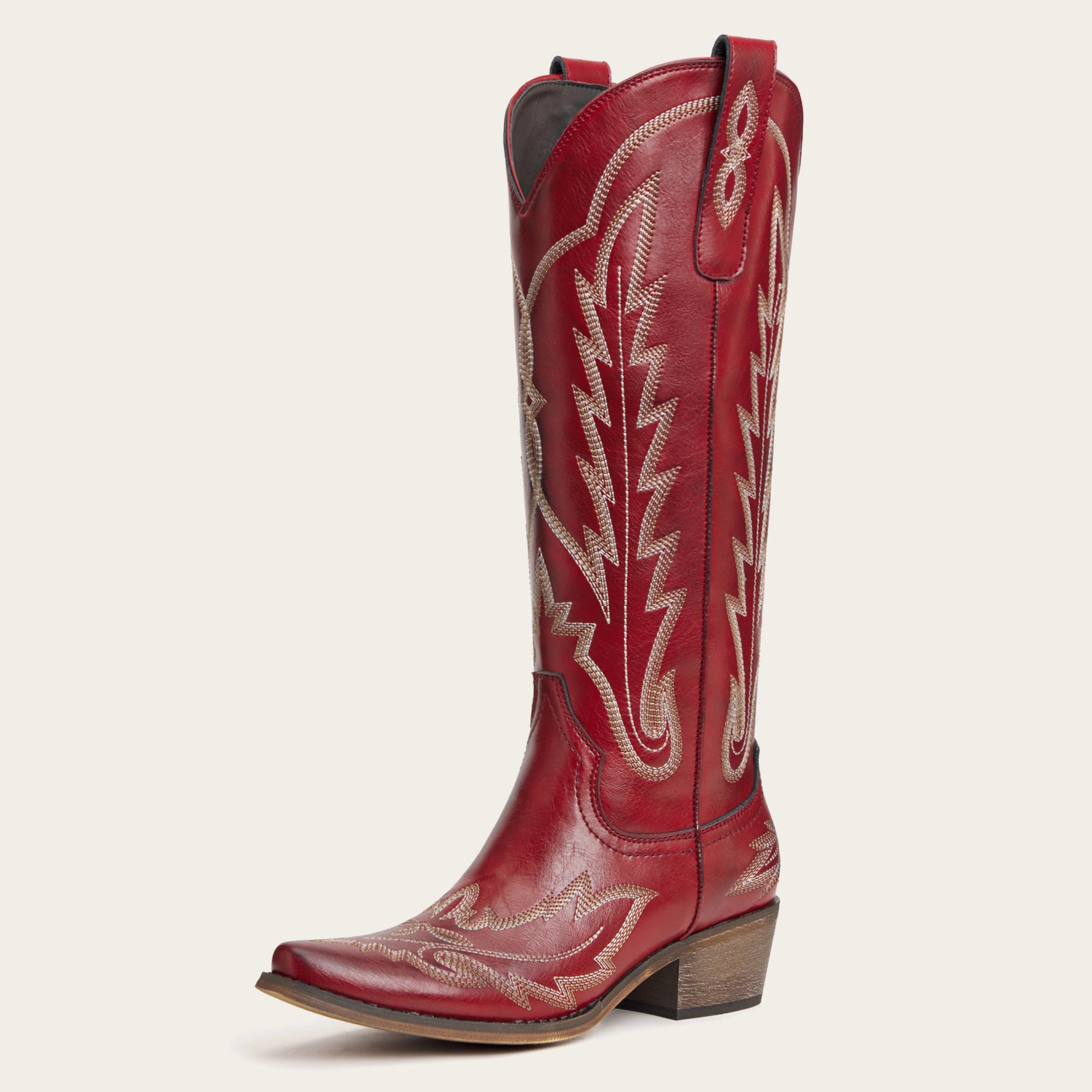 The Rosemary - Crimson Leather Classic Tall Cowgirl Boots with Embroidery