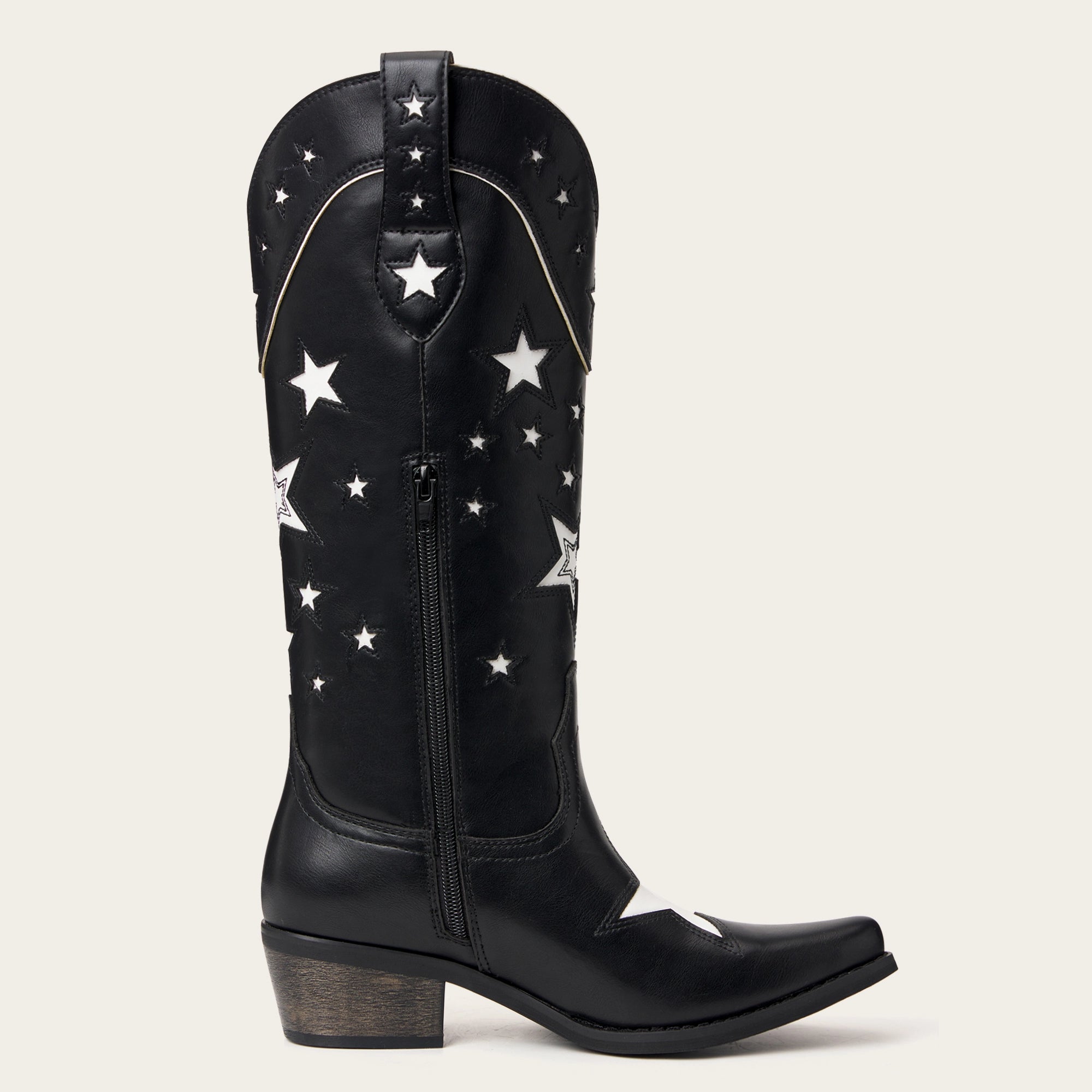 The Hensley - Black Starry Tall Cowgirl Boots with White Embroidery