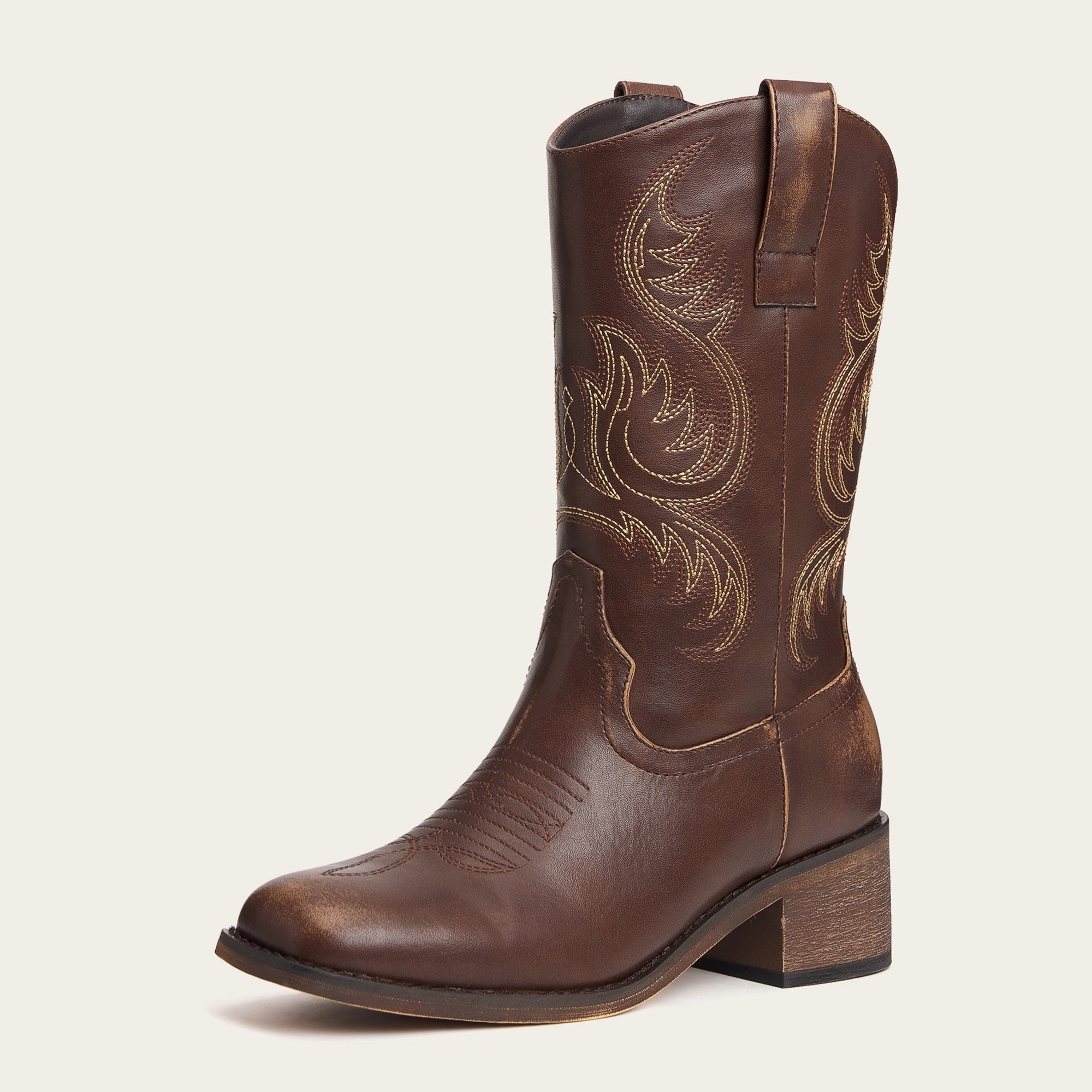 The Bronco - Brown Square Toe Embroidered Mid-calf Cowgirl Boots