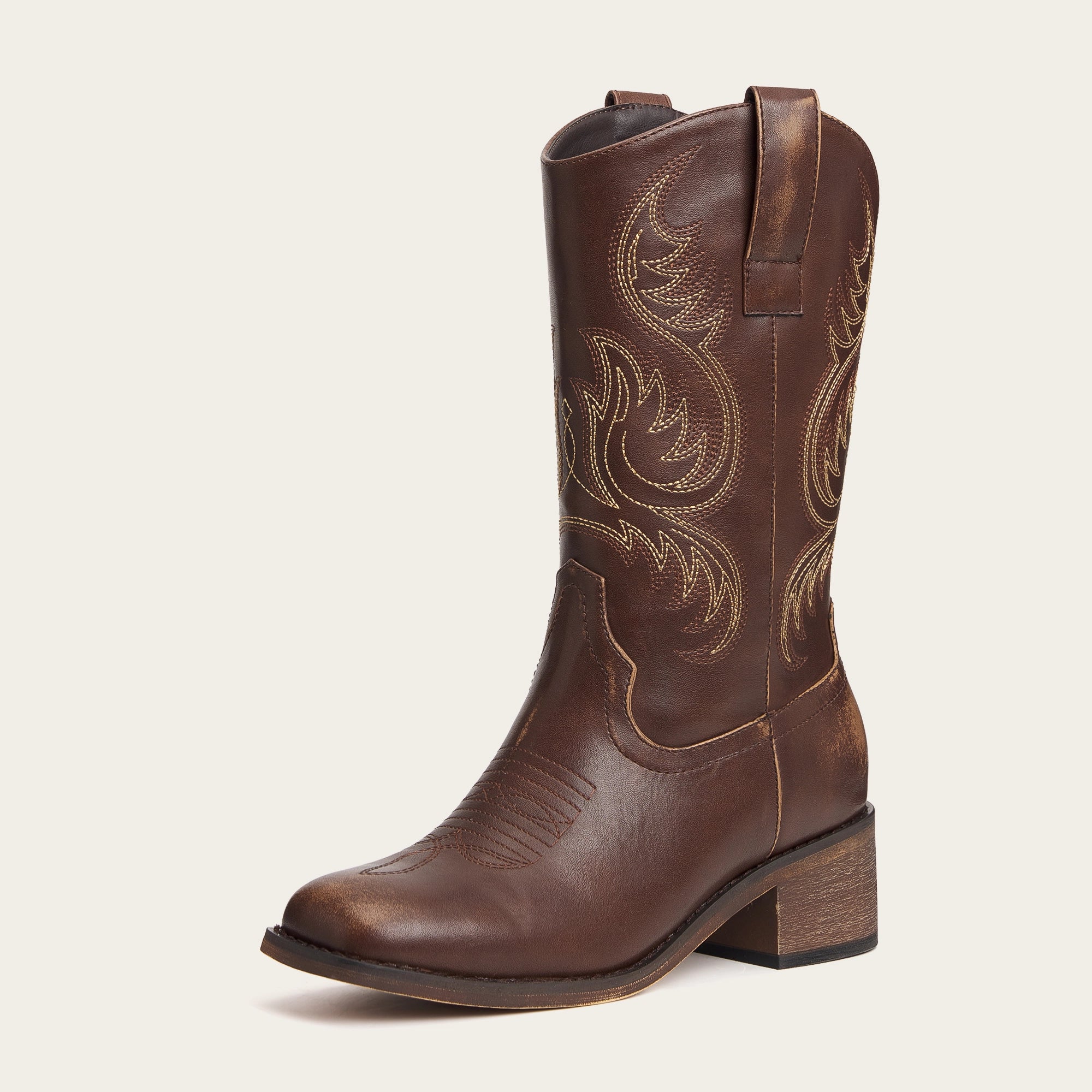 The Bronco - Brown Square Toe Embroidered Mid-calf Cowgirl Boots