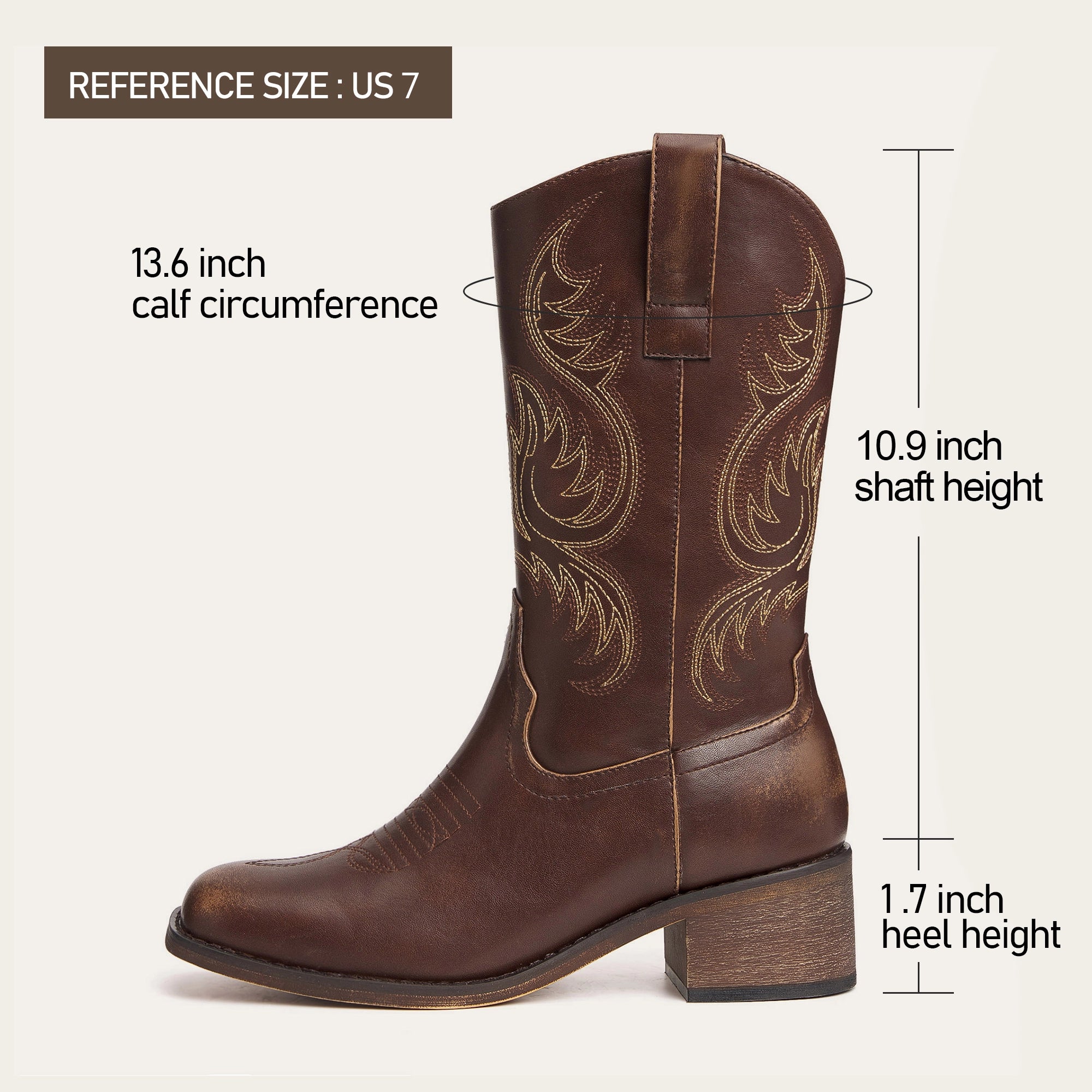 The Bronco - Brown Square Toe Mid-Calf Cowgirl Boots with Western Embroidery