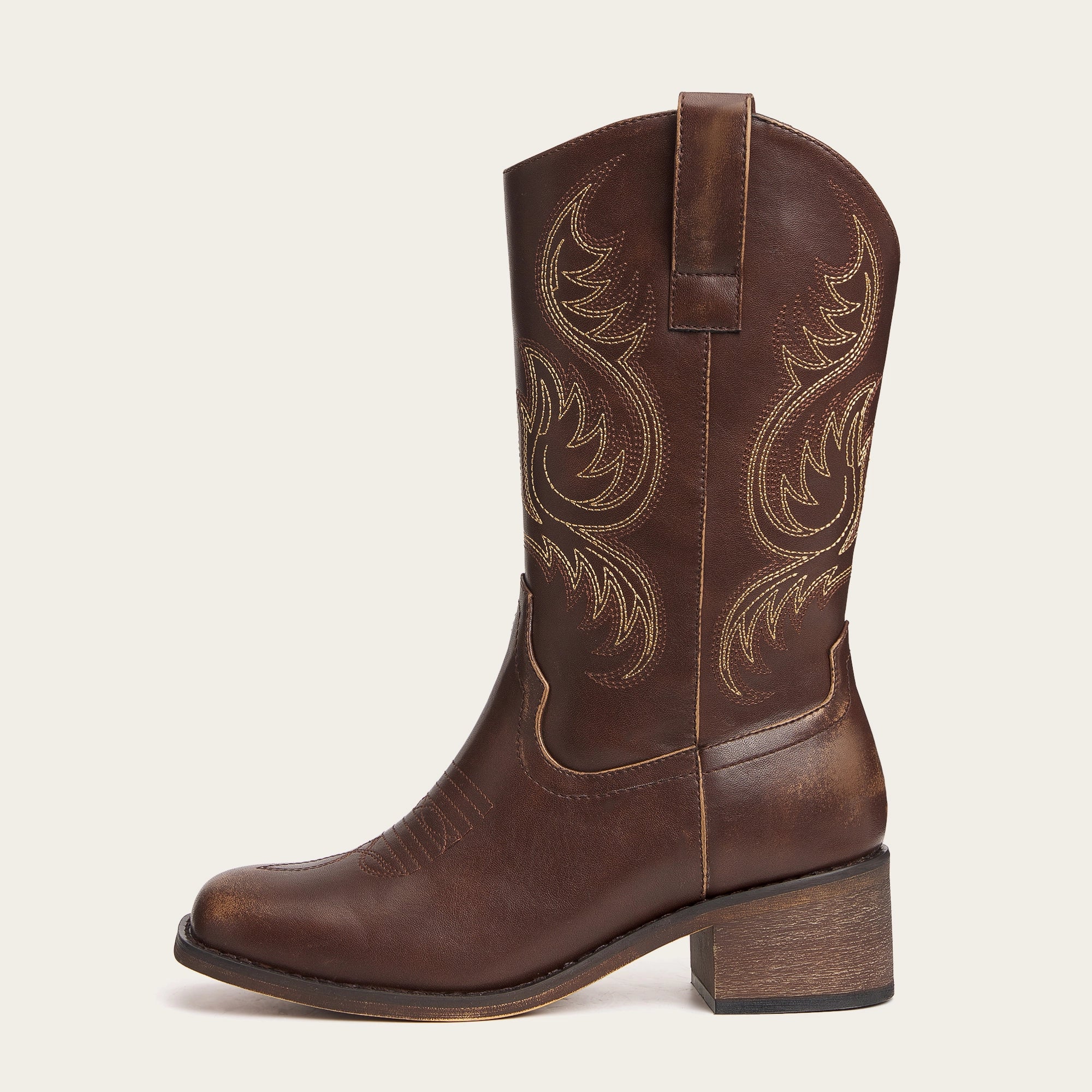 The Bronco - Brown Square Toe Embroidered Mid-calf Cowgirl Boots