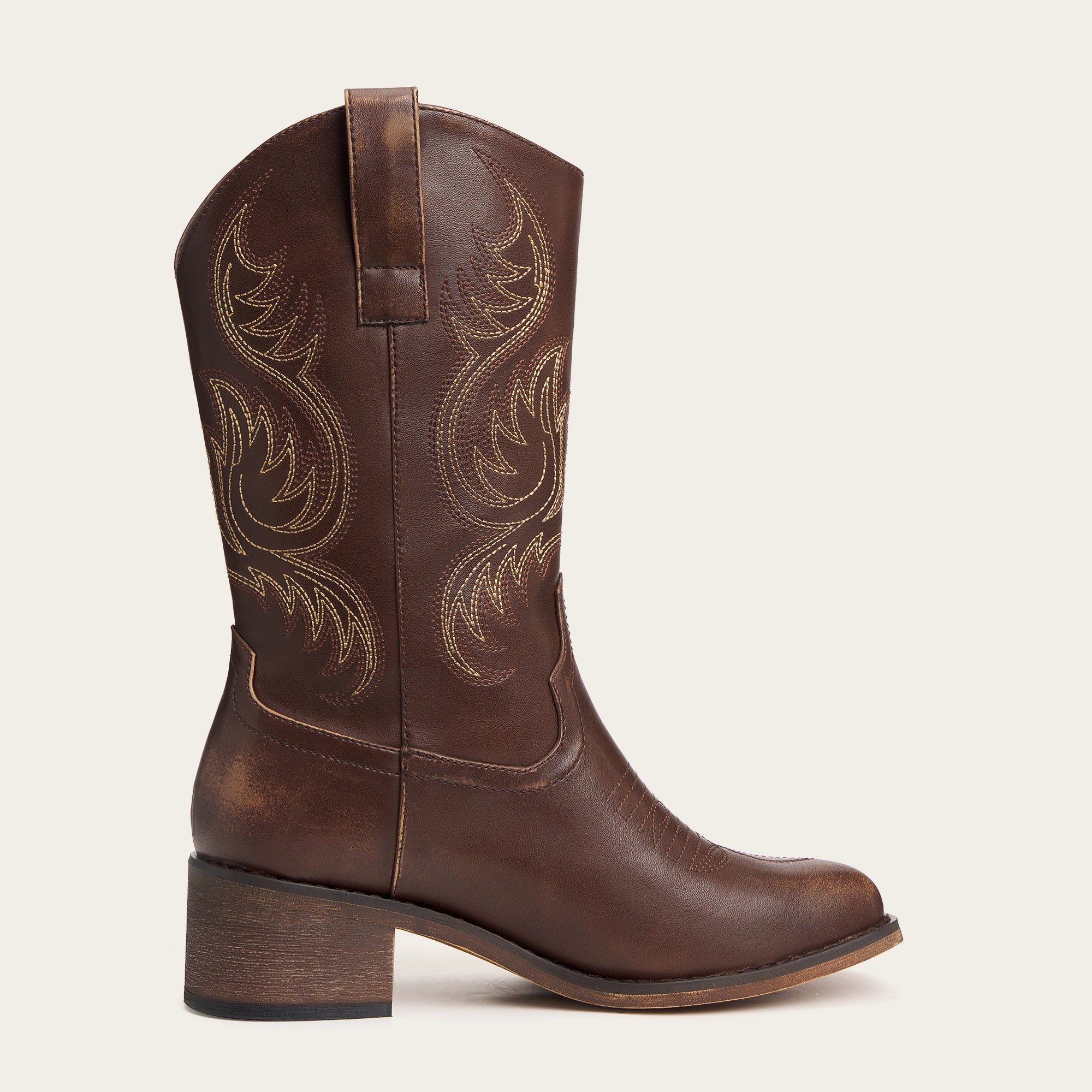 The Bronco - Brown Square Toe Embroidered Mid-calf Cowgirl Boots