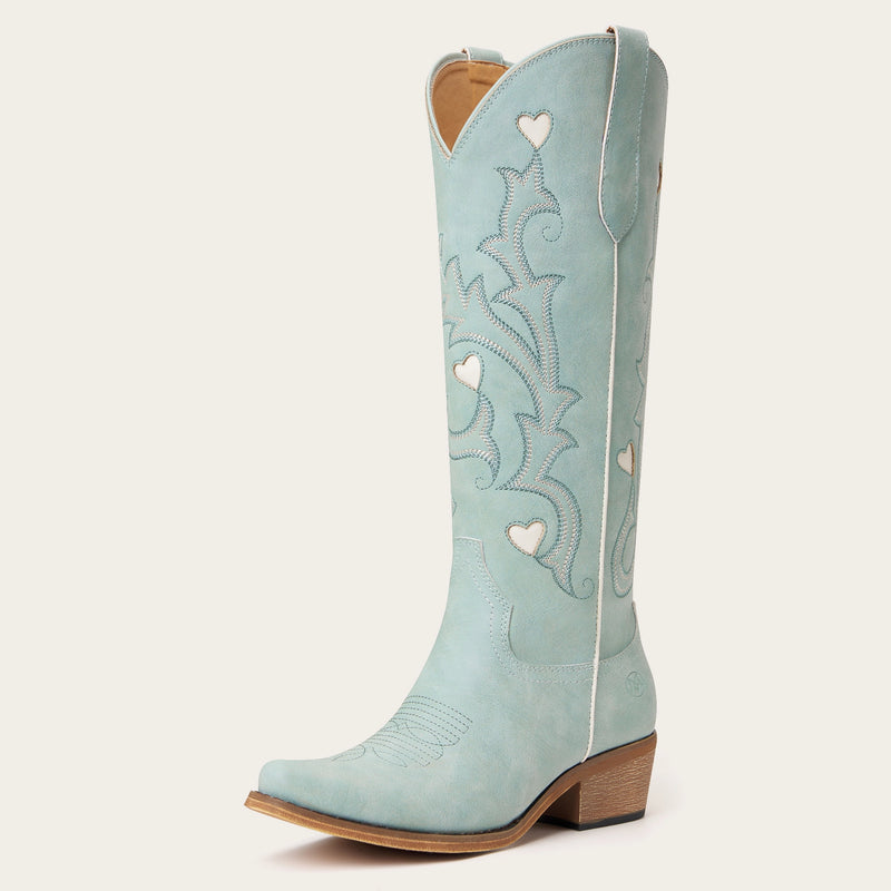 The Hallie - Blue Heart Cutouts Embroidered Western Cowgirl Boots