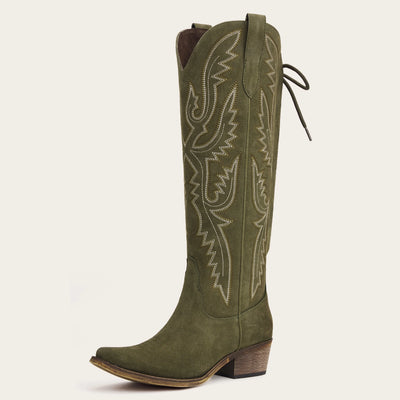 The Withersteen - Olive Suede Wide Calf Cowgirl Boots with Bold Embroidery and Lace-Up Back