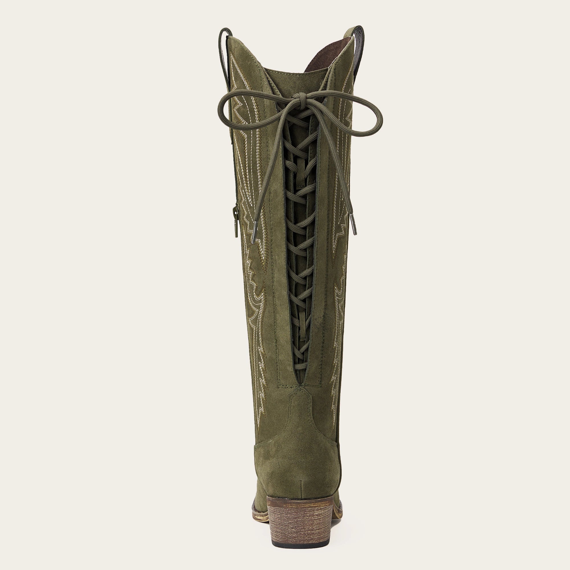 The Withersteen – Olive Suede Tall Cowgirl Boots with Bold Embroidery and Lace-Up Back