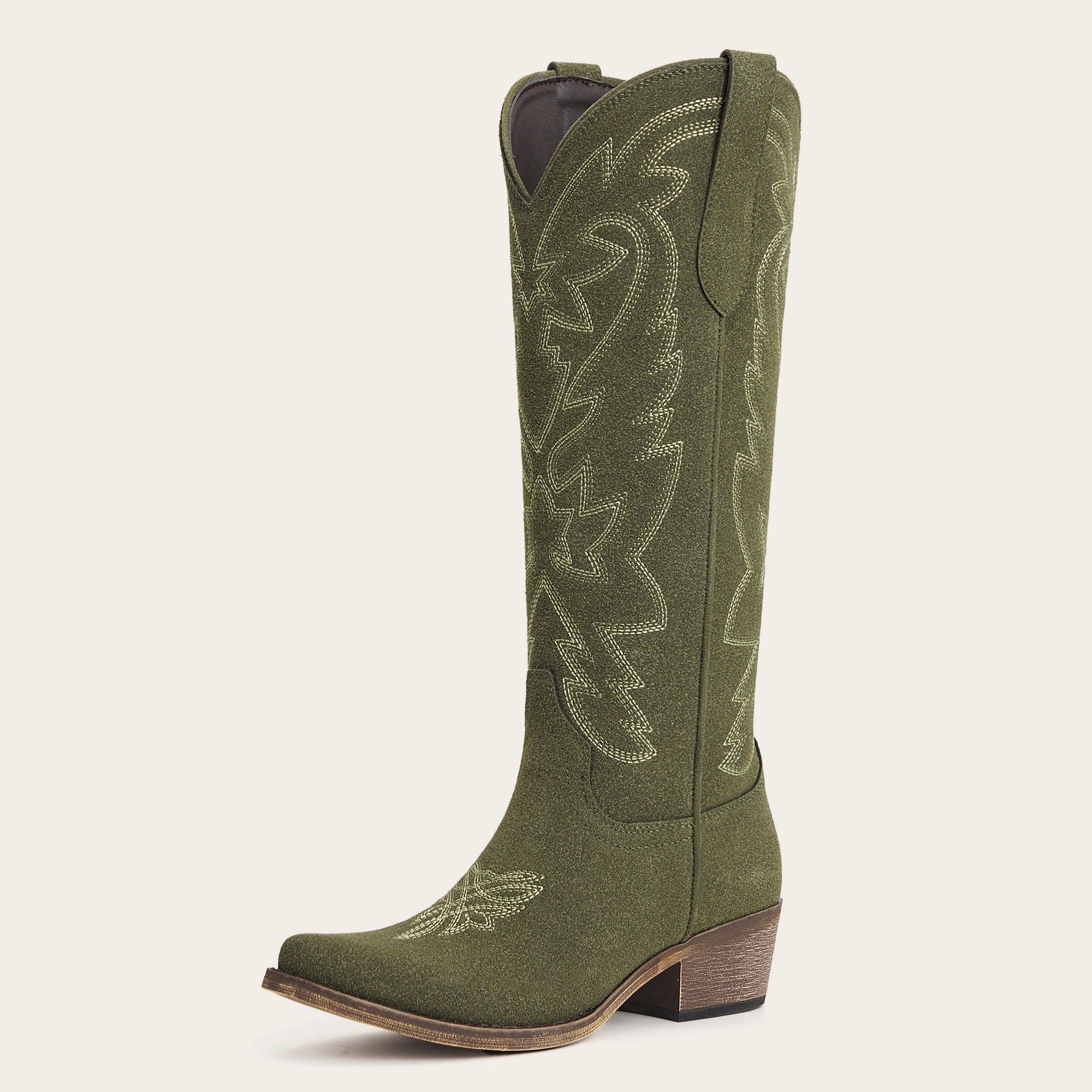 The Molly Wood – Olive Suede Snip Toe Embroidered Cute Comfortable Tall Cowgirl Boots