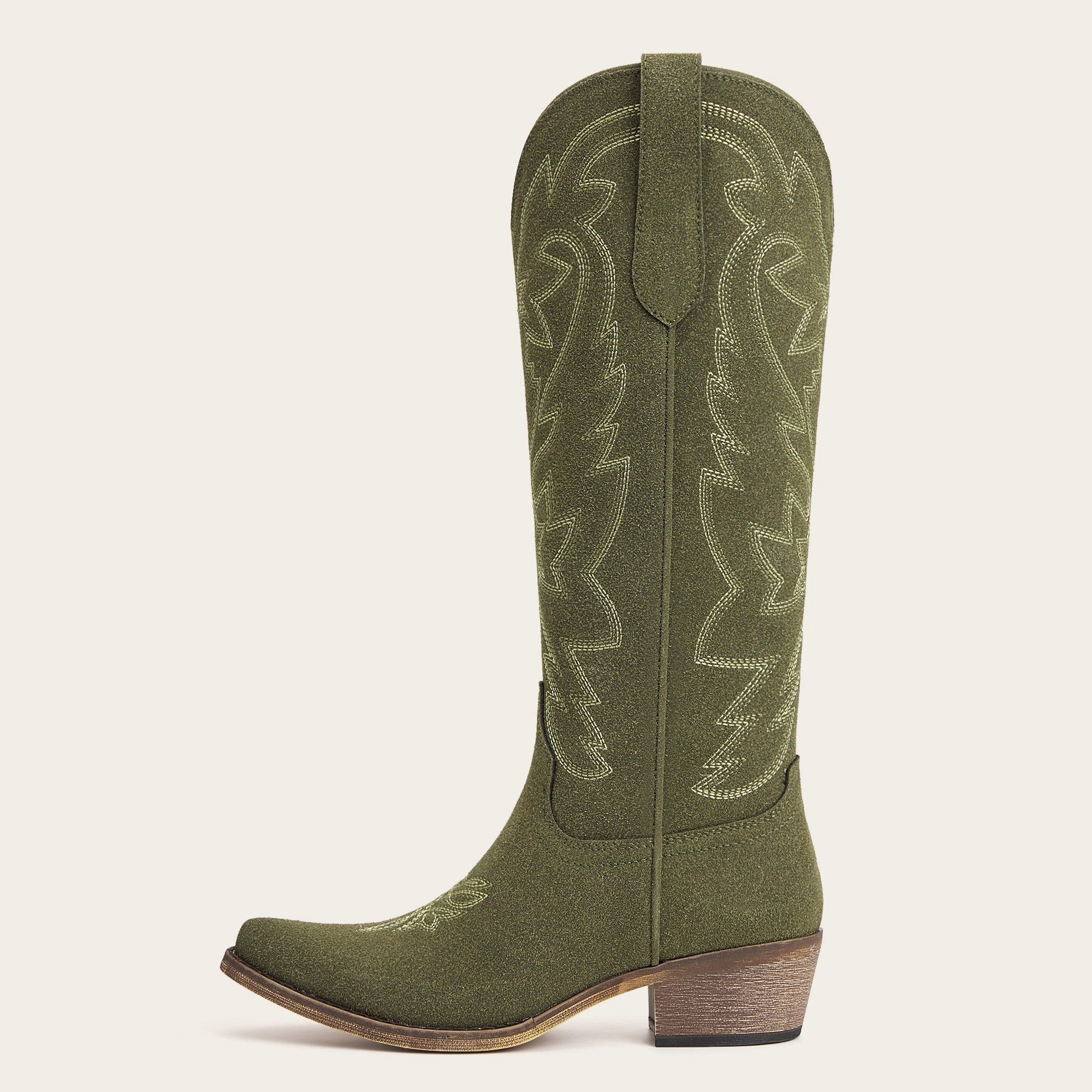 The Molly Wood – Olive Suede Snip Toe Embroidered Cute Comfortable Tall Cowgirl Boots
