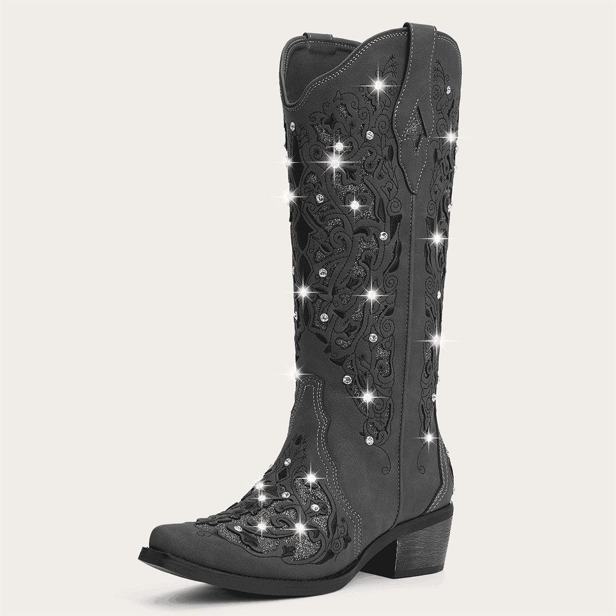 The Ballou - Charcoal Embroidered Cowgirl Boots with Rhinestone and Cutouts