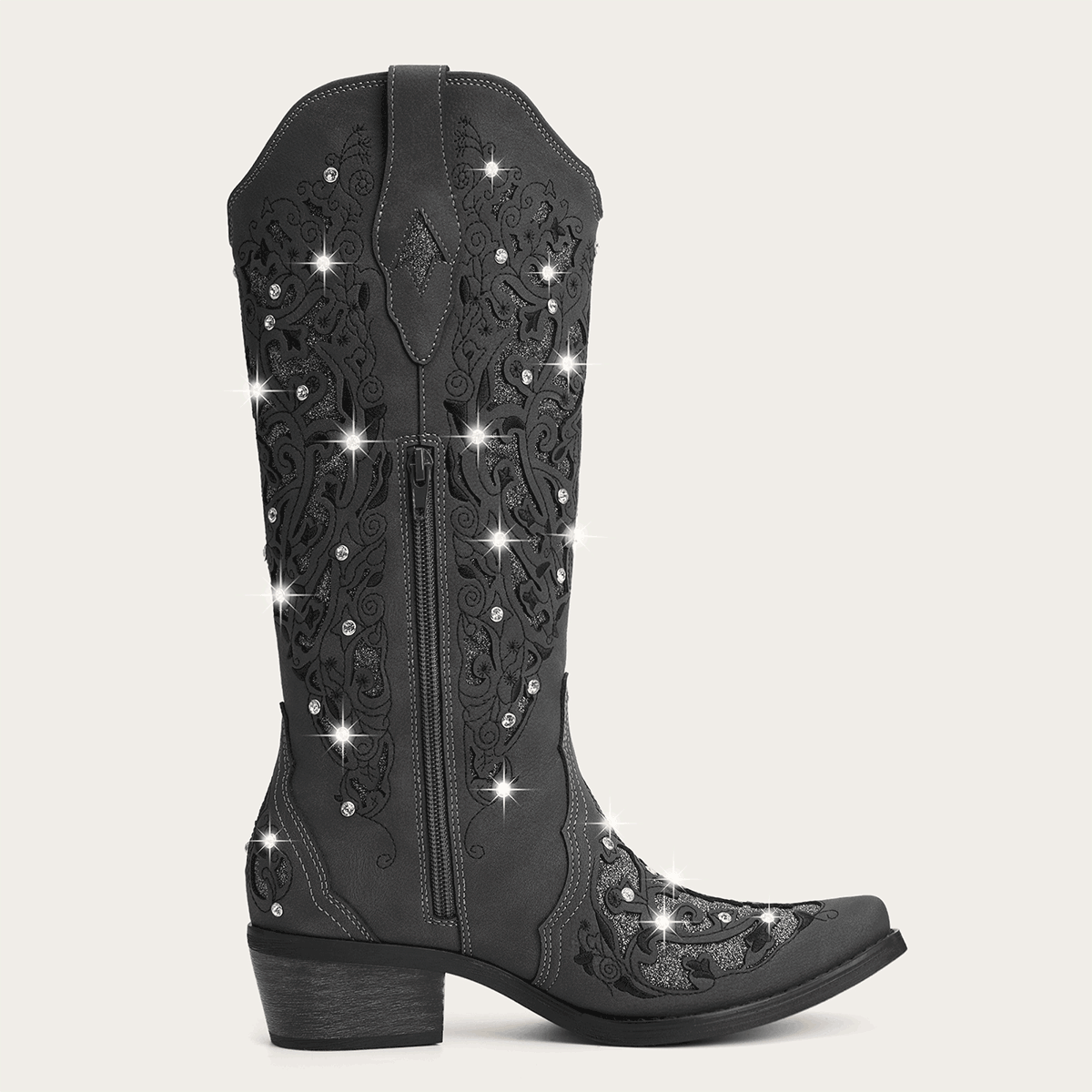 The Ballou - Charcoal Embroidered Cowgirl Boots with Rhinestone and Cutouts