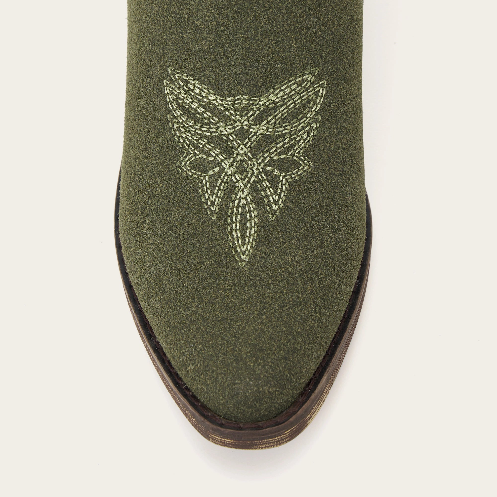 The Molly Wood – Olive Suede Snip Toe Embroidered Cute Comfortable Tall Cowgirl Boots