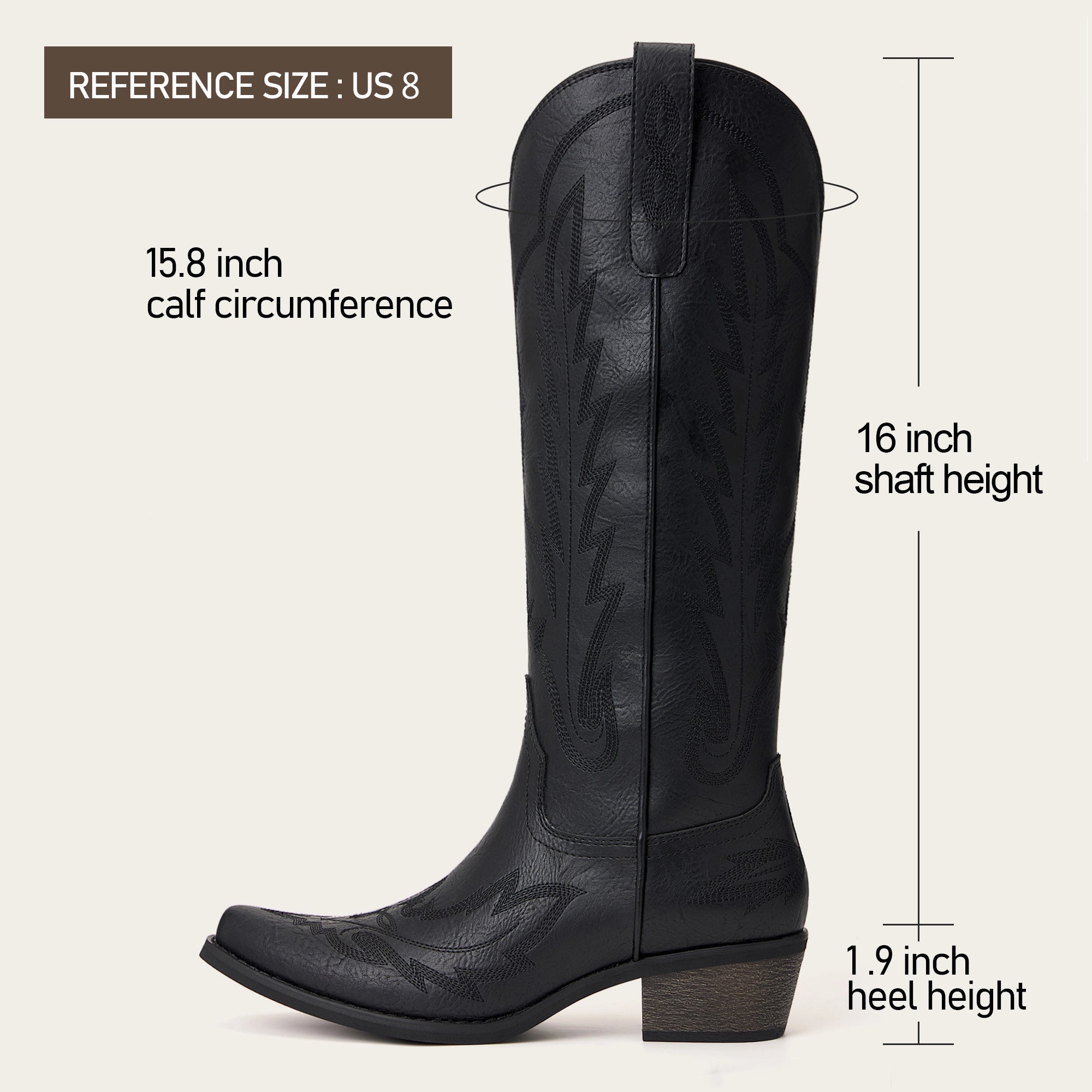 The Rosemary - Black Embroidered Tall Western Cowgirl Boots with Side Zipper