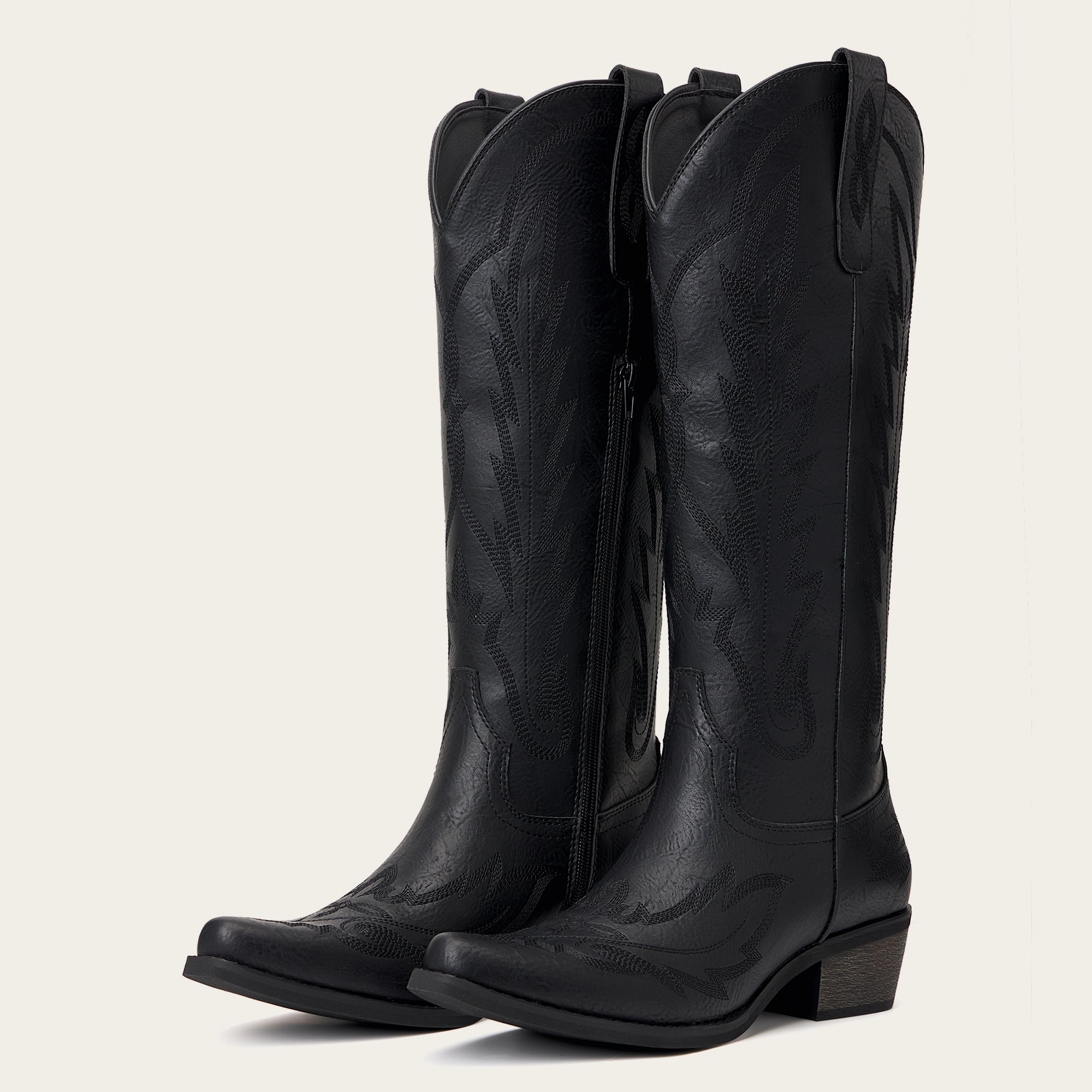 The Rosemary - Black Embroidered Tall Western Cowgirl Boots with Side Zipper