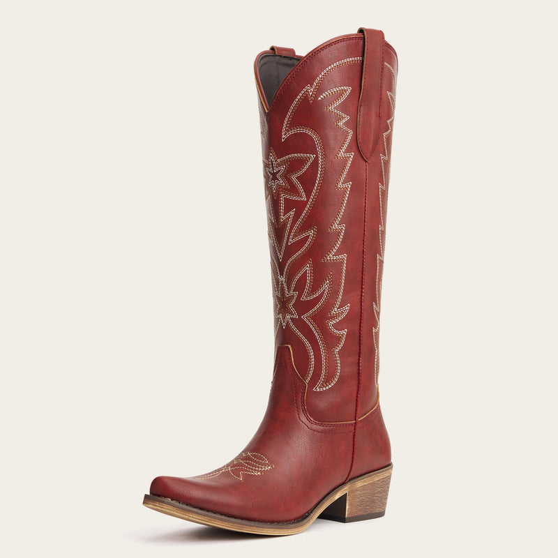 The Molly Wood - Canyon Red Starburst Embroidered Tall Western Cowgirl Boots with Side Zipper
