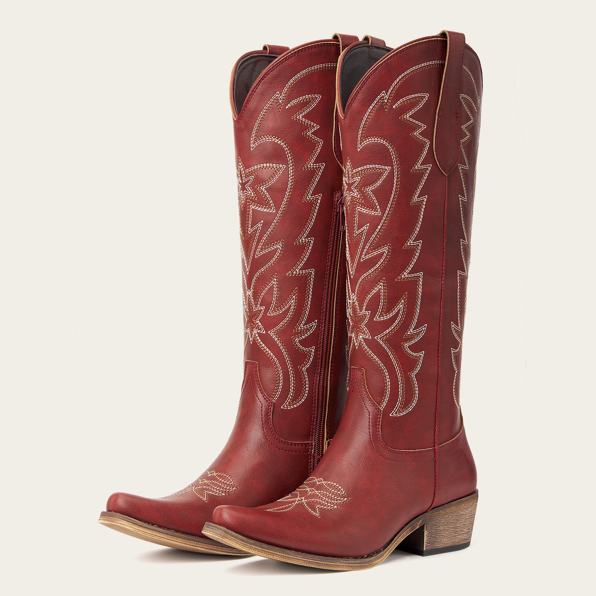The Molly Wood - Red Starburst Embroidered Snip Toe Tall Western Cowgirl Boots