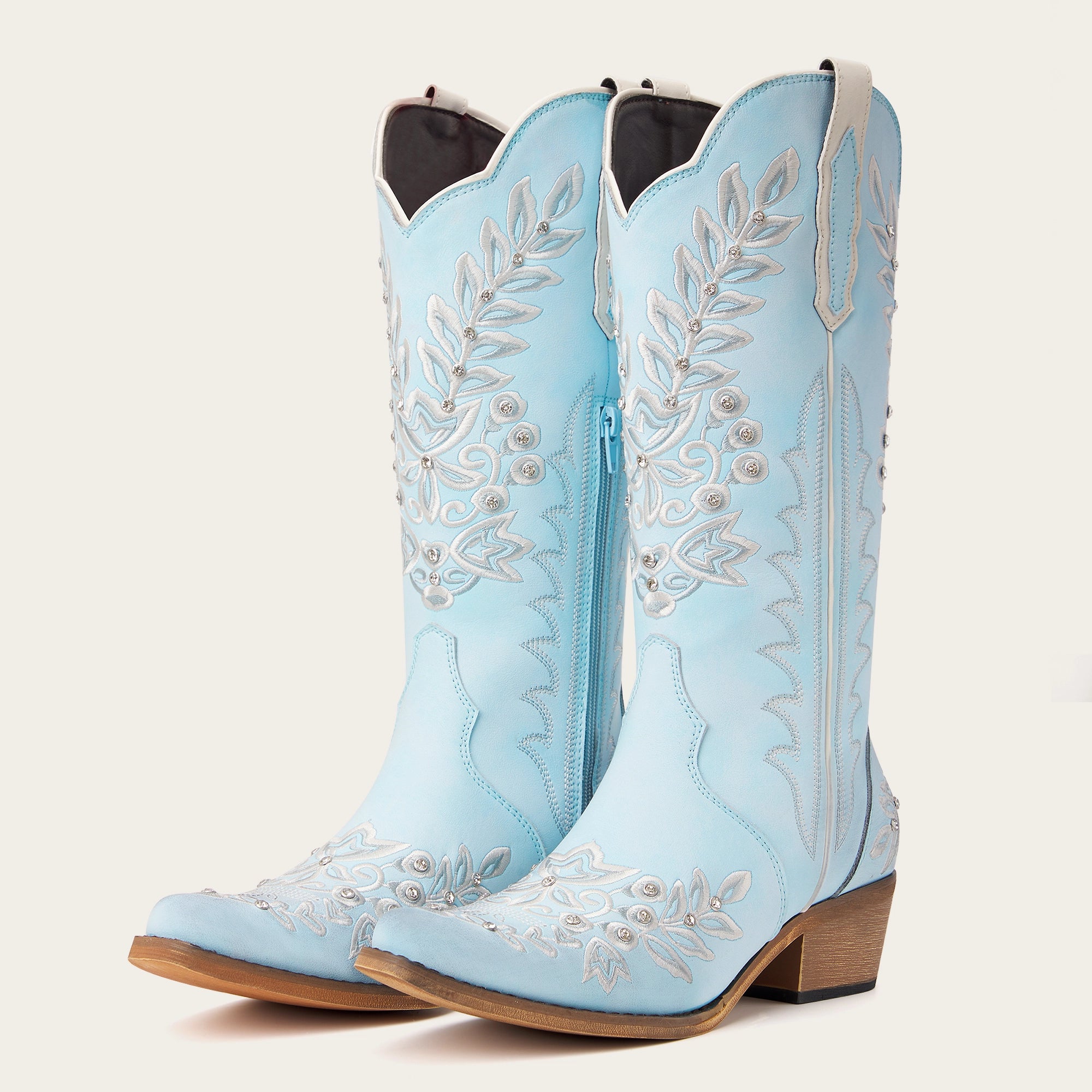 The Grace - Blue Western Boots with Embroidered Floral and Rhinestone Accents