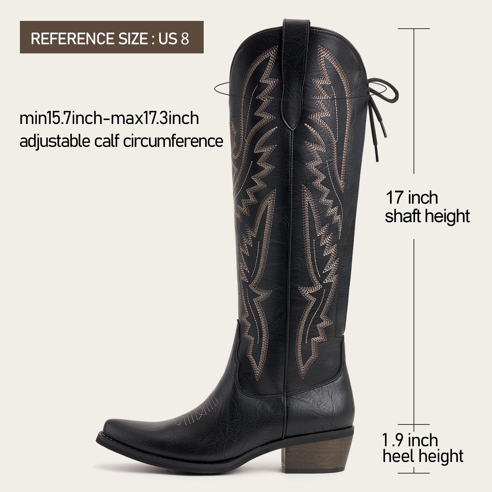 The Withersteen - Black Adjustable Wide Calf Snip Toe Tall Western Cowgirl Boots