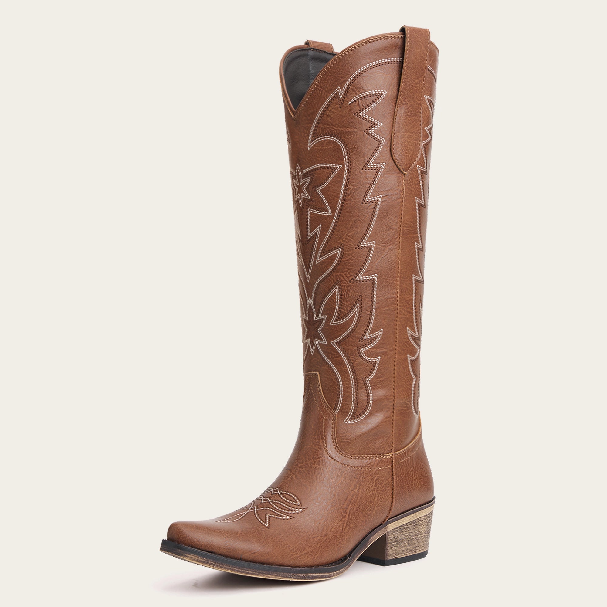 The Molly Wood - Chestnut Brown Starburst Embroidered Tall Western Cowgirl Boots with Side Zipper