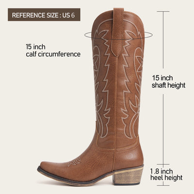 The Molly Wood – Brown Starburst Embroidered Snip Toe Tall Western Cowgirl Boots