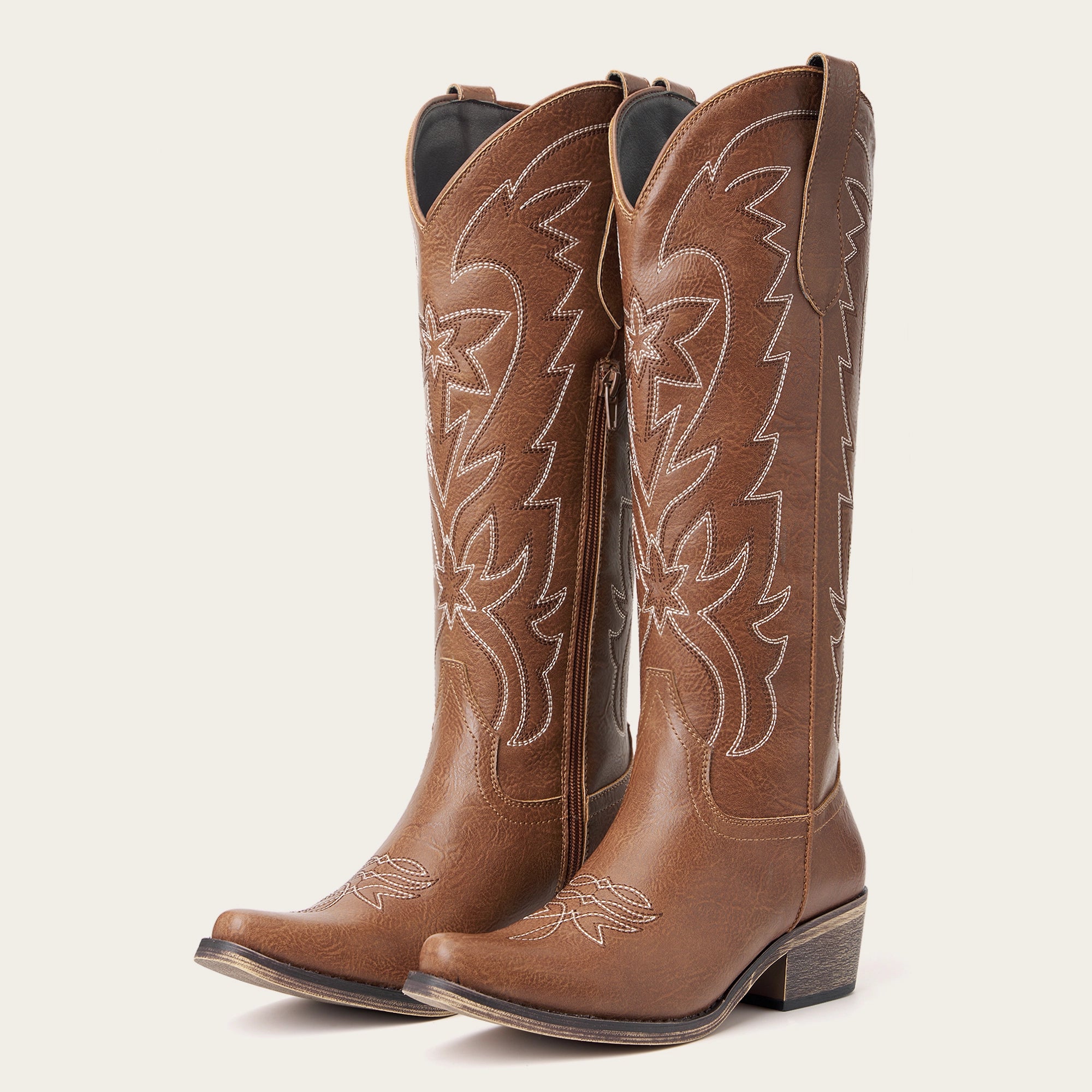 The Molly Wood – Brown Starburst Embroidered Snip Toe Tall Western Cowgirl Boots