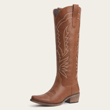 The Laurey - Brown Embroidered Snip Toe Cowgirl Boots with Side Zipper