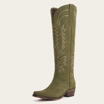 The Laurey - Olive Green Suede Embroidered Snip Toe Cowgirl Boots with Side Zipper