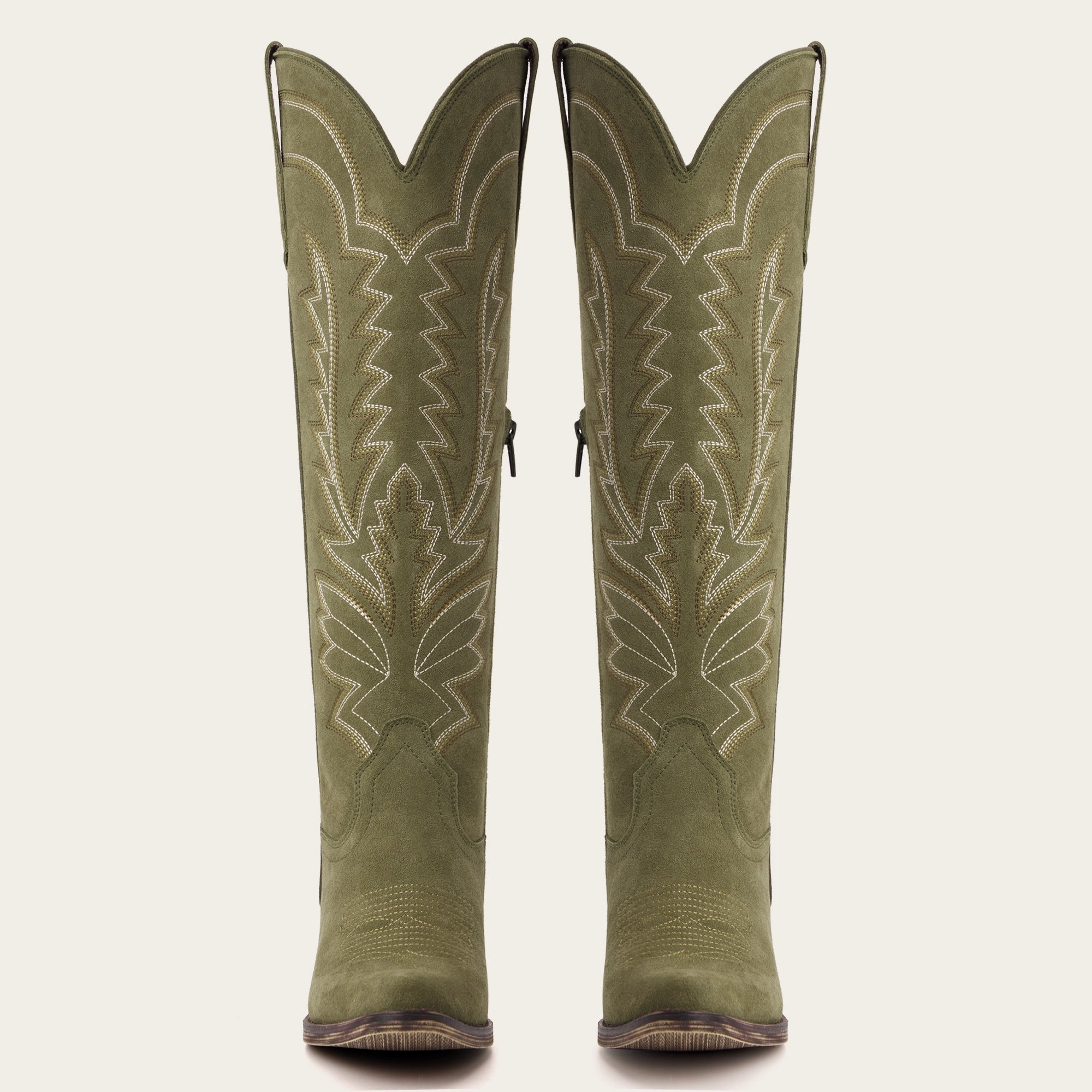 The Laurey - Olive Green Suede Embroidered Snip Toe Cowgirl Boots with Side Zipper