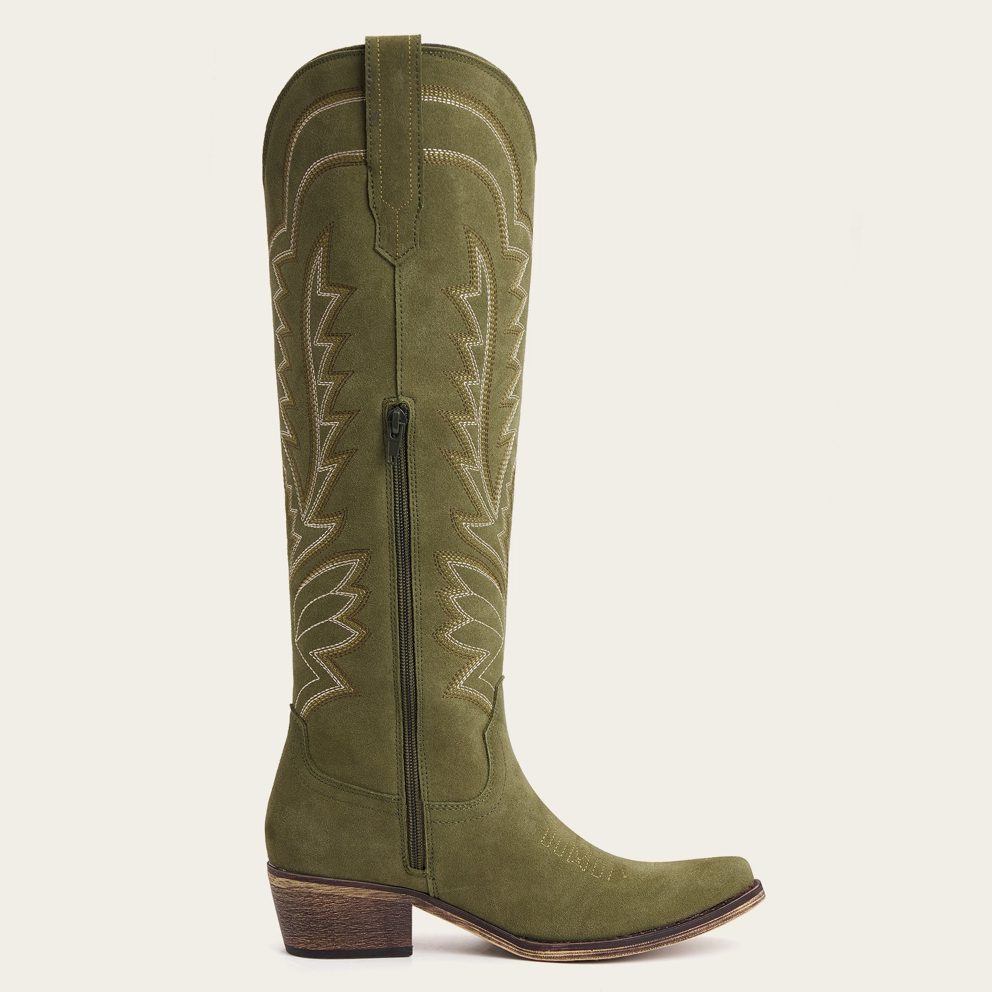 The Laurey - Olive Green Suede Embroidered Snip Toe Cowgirl Boots with Side Zipper