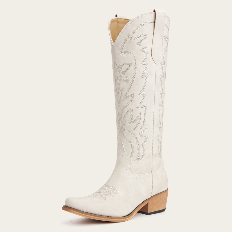 The Molly Wood - Cream Starburst Embroidered Tall Western Cowgirl Boots with Side Zipper