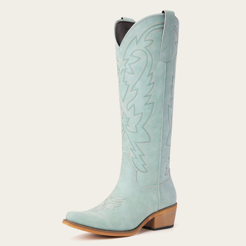 The Molly Wood - Sky Blue Embroidered Tall Western Cowgirl Boots with Side Zipper