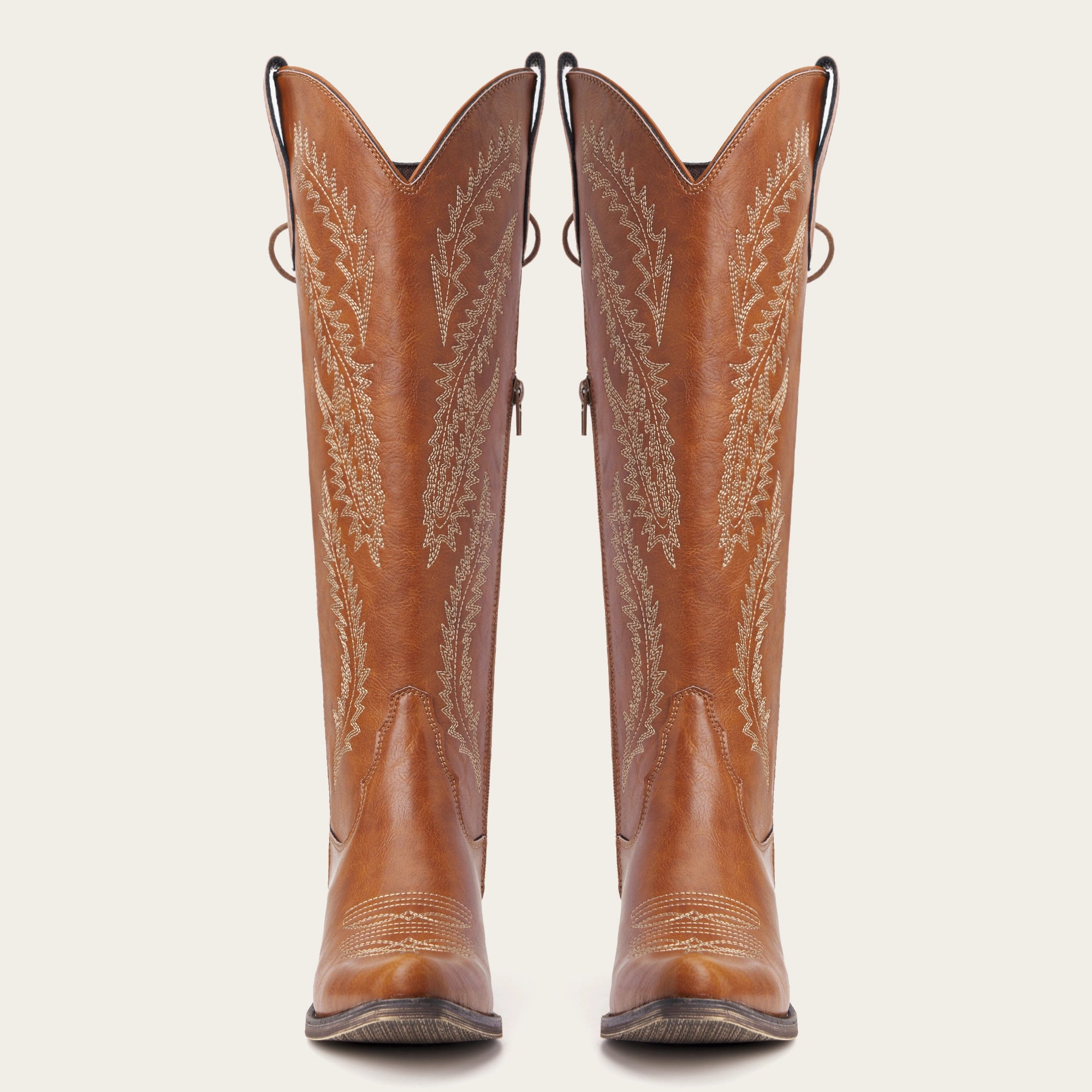 The Cattle - Tan Wide Calf Embroidered Snip Toe Cowgirl Boots with Side Zipper