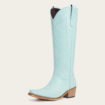 The Rosemary - Sky Blue Embroidered Tall Western Cowgirl Boots with Side Zipper