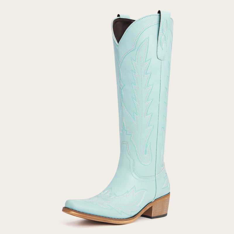 The Rosemary - Sky Blue Embroidered Tall Western Cowgirl Boots with Side Zipper