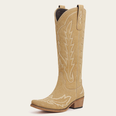 The Rosemary - Beige Embroidered Tall Western Cowgirl Boots with Side Zipper