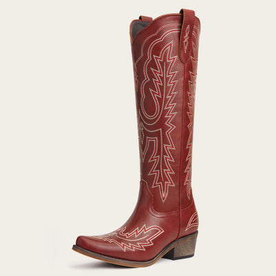 The Montana - Red Embroidered Snip Toe Tall Cowgirl Boots with Side Zipper