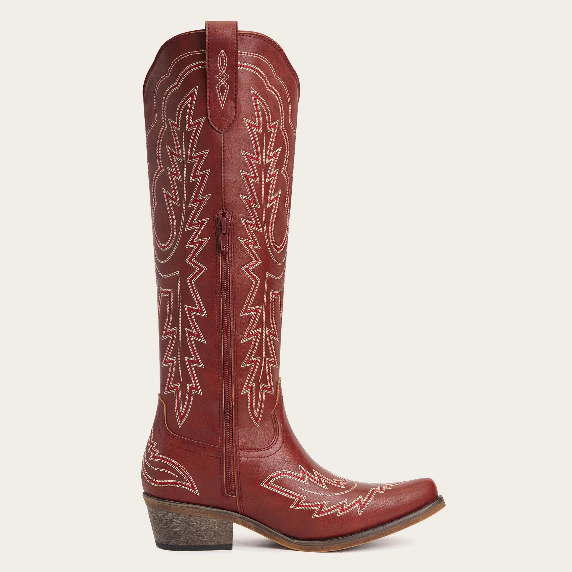 The Montana - Red Embroidered Snip Toe Tall Cowgirl Boots with Side Zipper