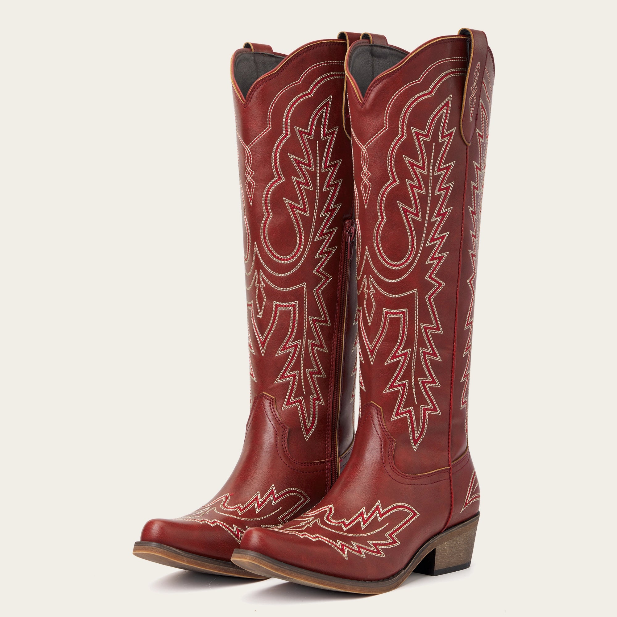 The Montana - Red Embroidered Snip Toe Tall Cowgirl Boots with Side Zipper