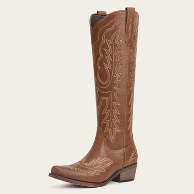 The Montana - Brown Embroidered Snip Toe Tall Cowgirl Boots with Side Zipper