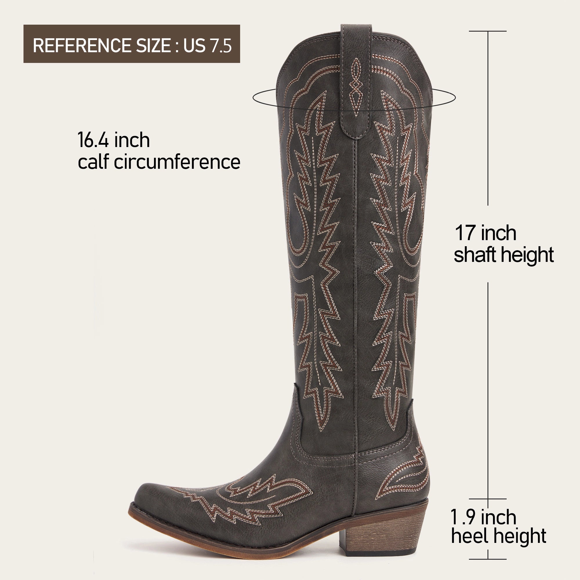 The Montana - Charcoal Black Embroidered Snip Toe Tall Cowgirl Boots with Side Zipper