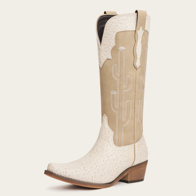 The Saguaro - Cream Ostrich-Inspired Snip Toe Cowgirl Boots with Side Zipper