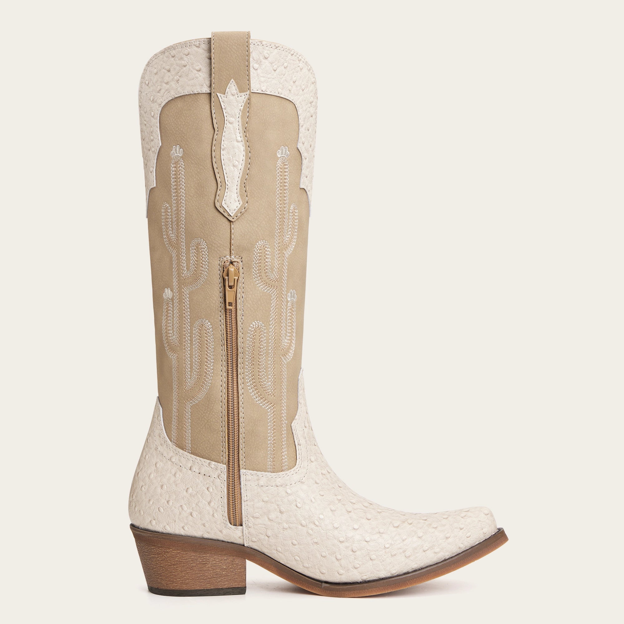 The Saguaro - Cream Ostrich-Inspired Snip Toe Cowgirl Boots with Side Zipper