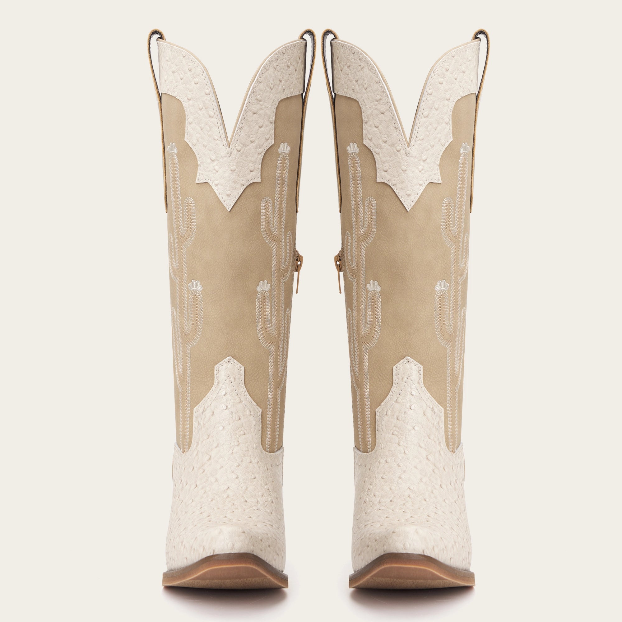 The Saguaro - Cream Ostrich-Inspired Snip Toe Cowgirl Boots with Side Zipper
