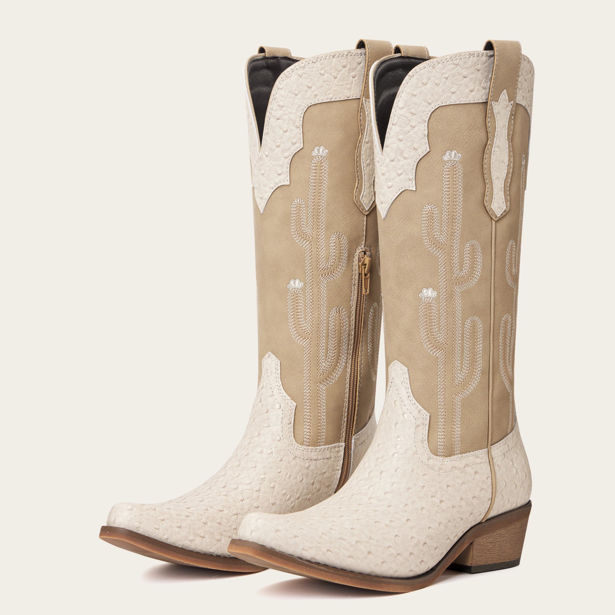 The Saguaro - Cream Ostrich-Inspired Snip Toe Cowgirl Boots with Side Zipper