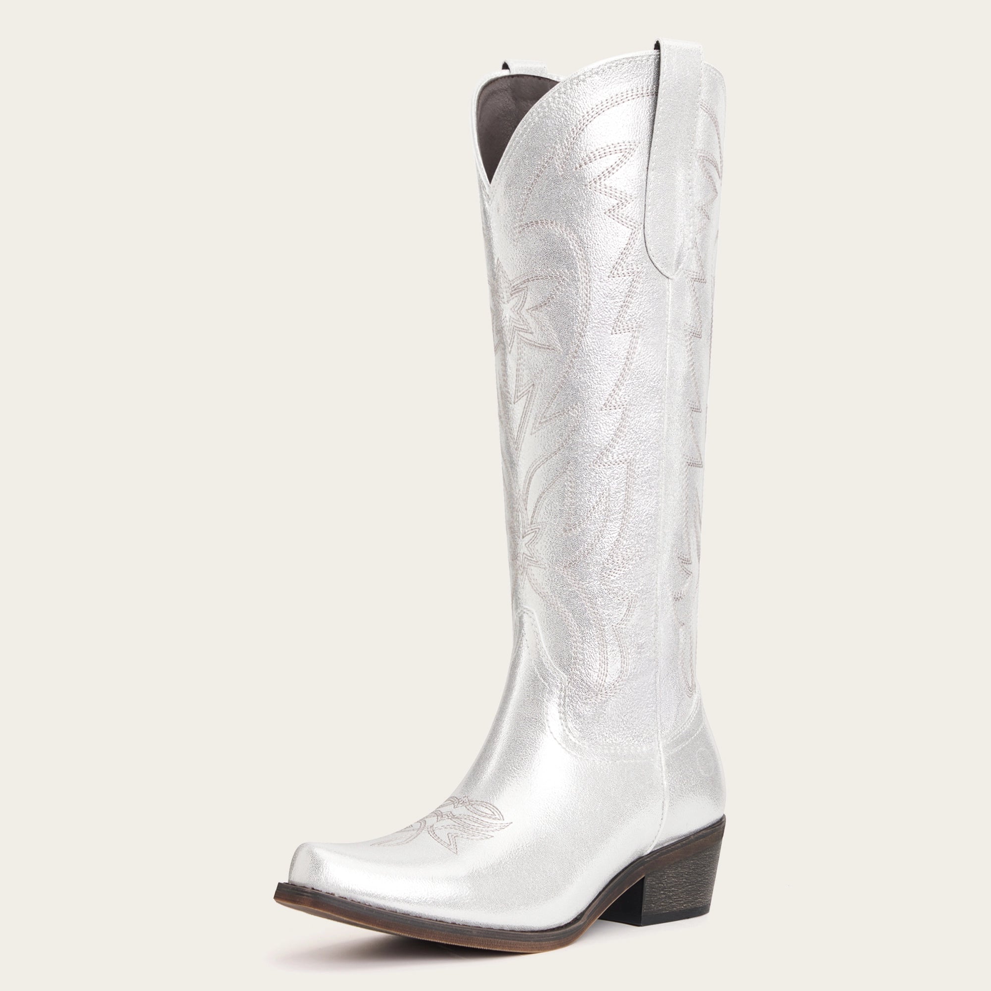 The Molly Wood - Metallic Silver Starburst Embroidered Tall Western Cowgirl Boots with Side Zipper