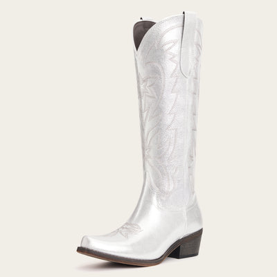 The Molly Wood - Metallic Silver Starburst Embroidered Tall Western Cowgirl Boots with Side Zipper
