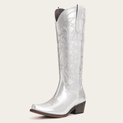 The Molly Wood - Metallic Silver Starburst Embroidered Tall Western Cowgirl Boots with Side Zipper