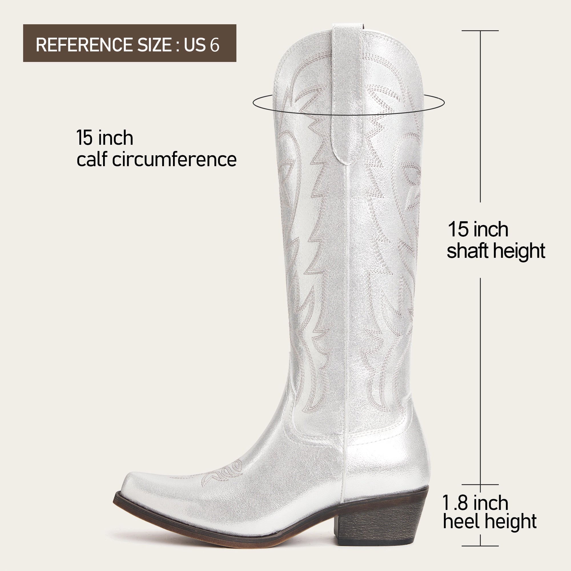 The Molly Wood - Metallic Silver Starburst Embroidered Tall Western Cowgirl Boots with Side Zipper